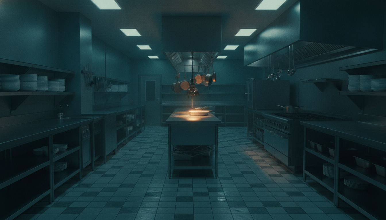 Spotless commercial kitchen at night after close