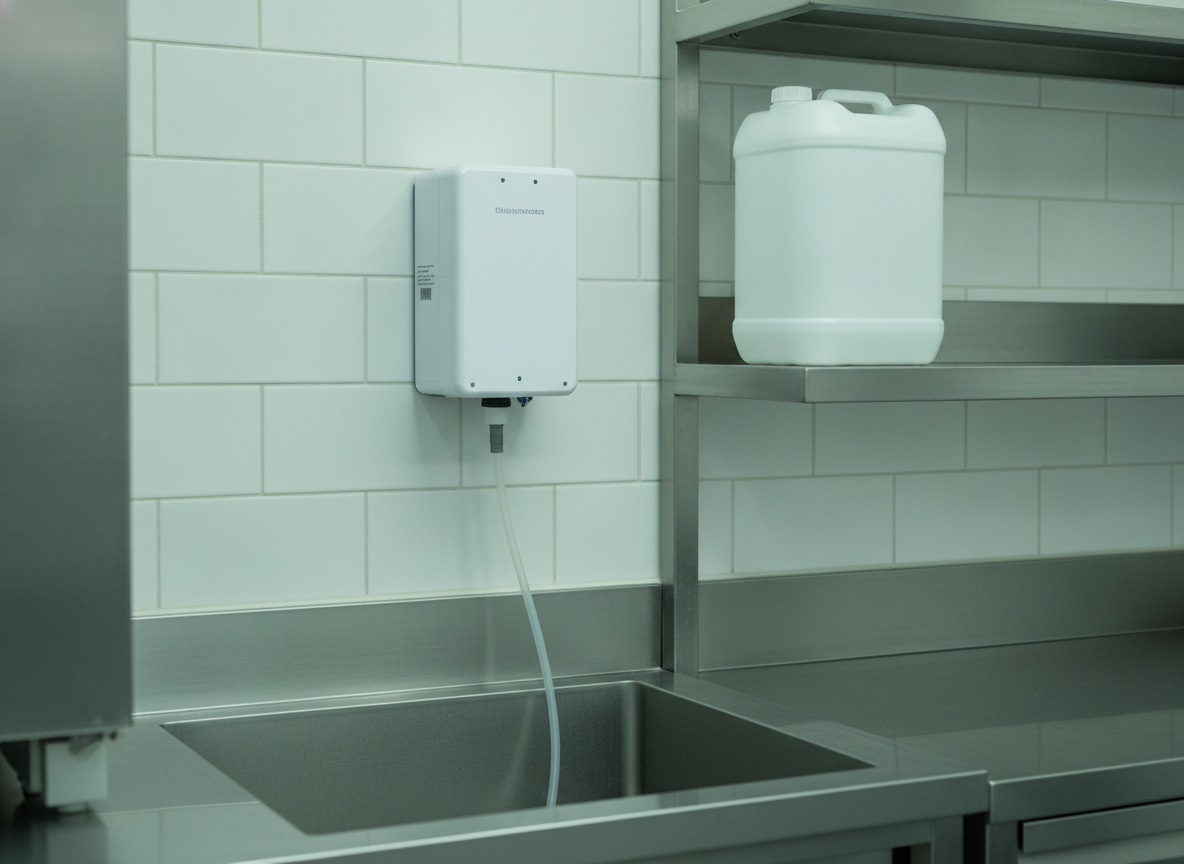 Automatic dosing pump installed above a kitchen drain line
