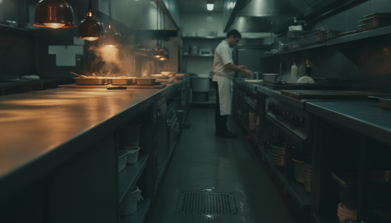 Busy commercial kitchen pass during evening service