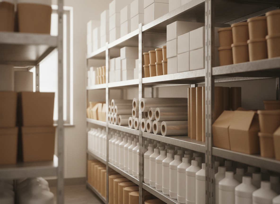 Shelves of food packaging and janitorial supplies